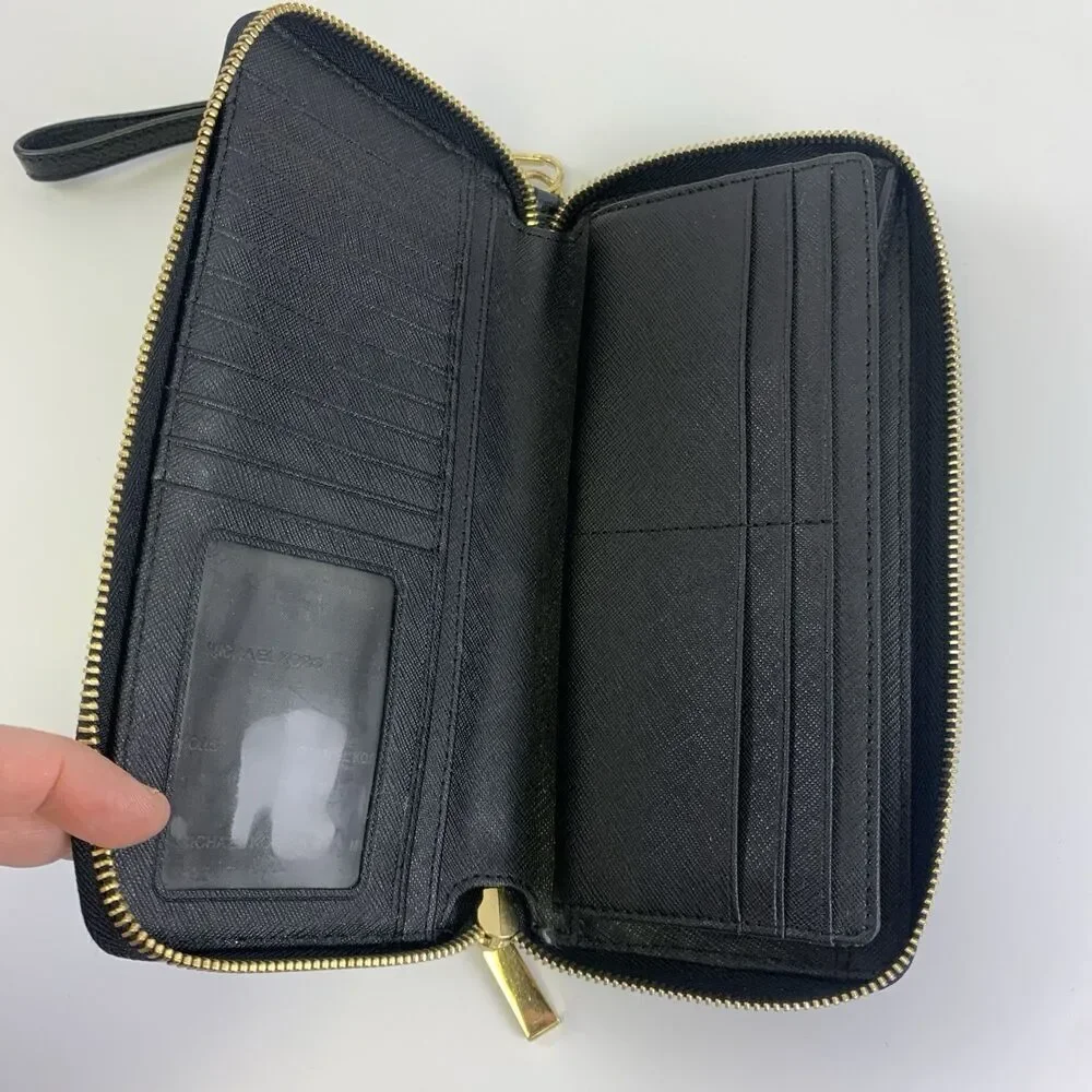 Michael Kors Leather Continental Wristlet Mercer Black Pebbled Wallet Zip Around